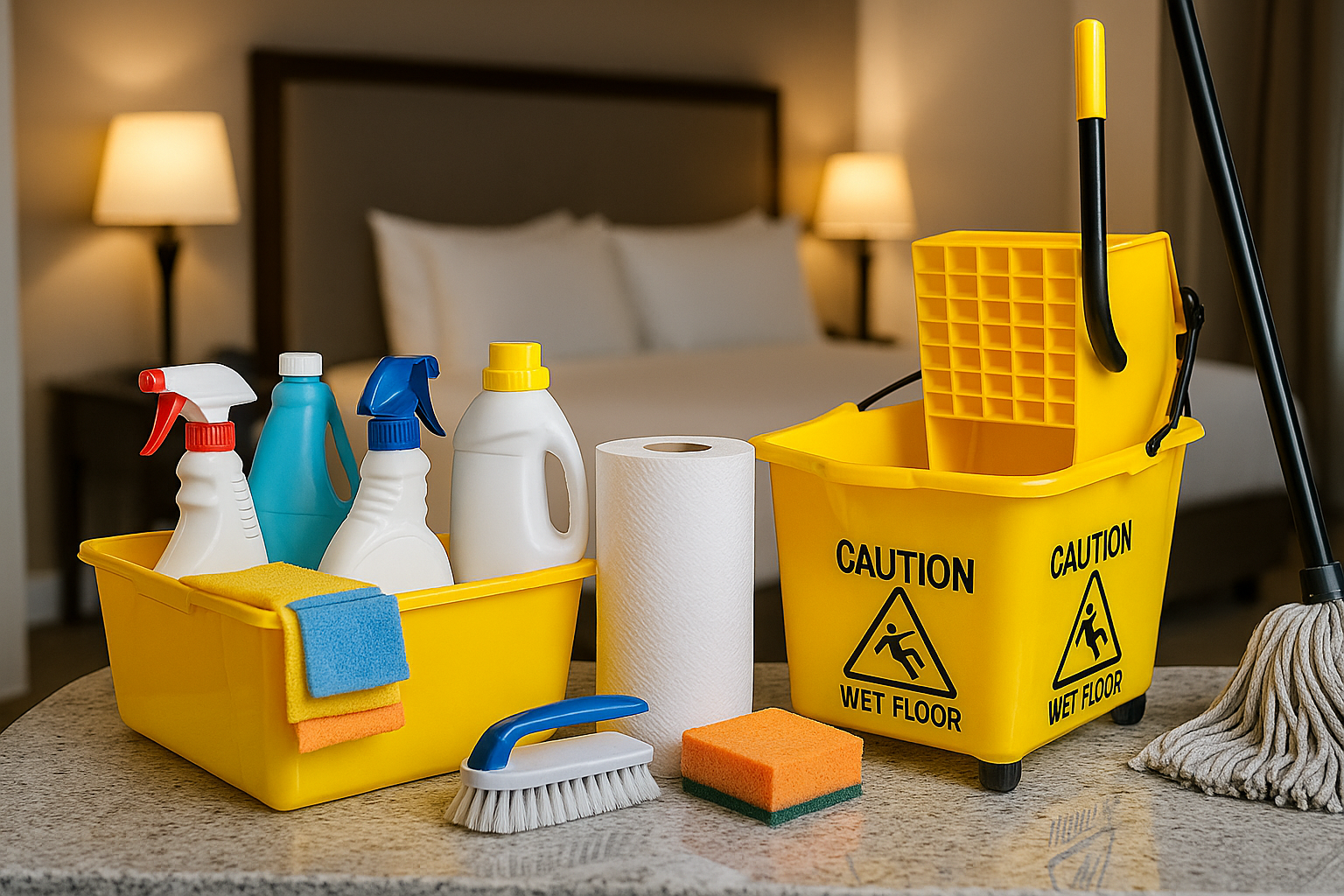 Hotel housekeeping janitorial and cleaning supplies on a cart